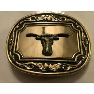 Vintage Western Bull Head Horns Golden Cowboy Belt Buckle Rare MINTY
